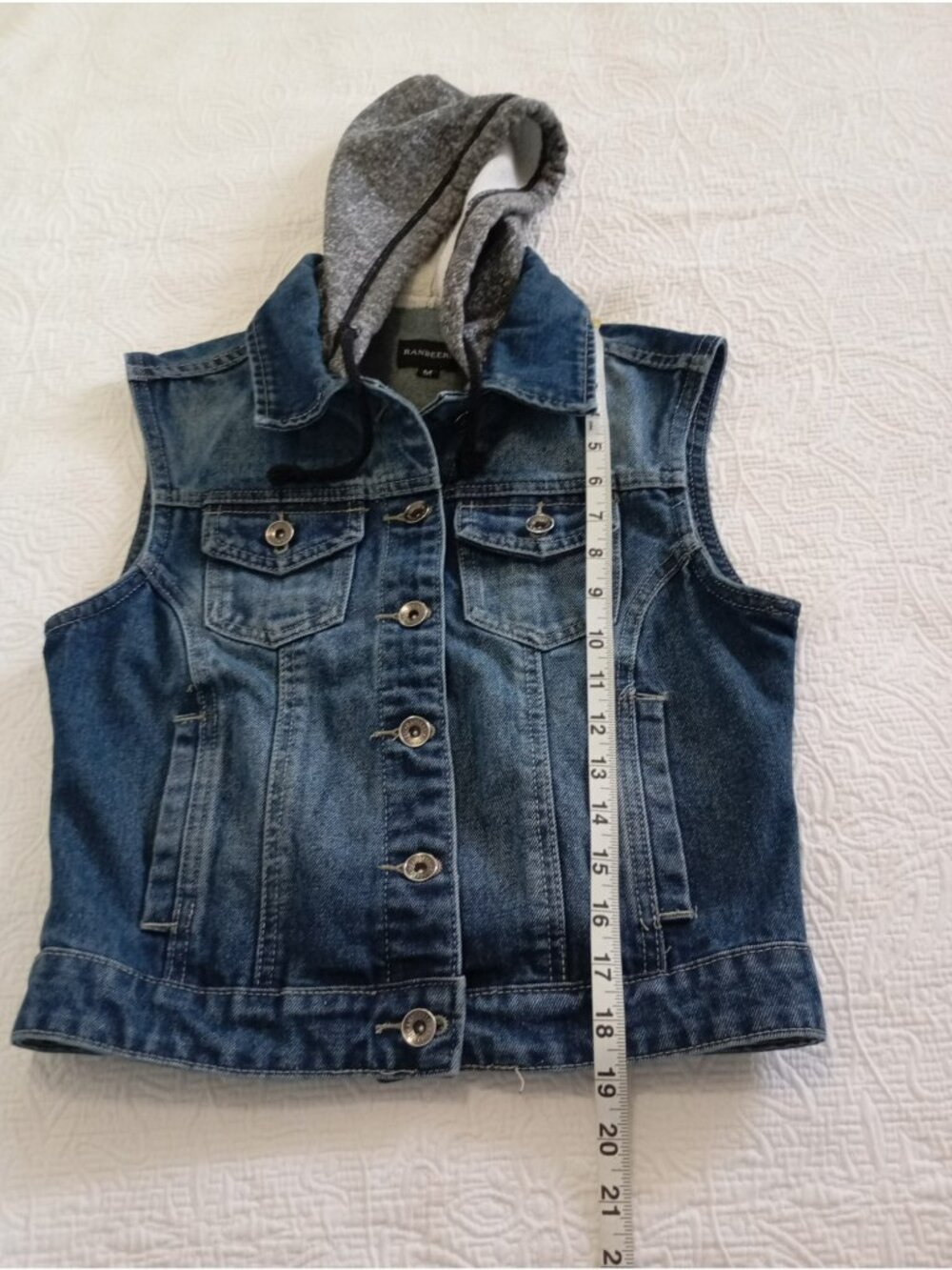 Denim Vest With Hooded Sweater Panel Medium Ranbeeri Cotton Blend Button-Up Blue - Picture 7 of 8